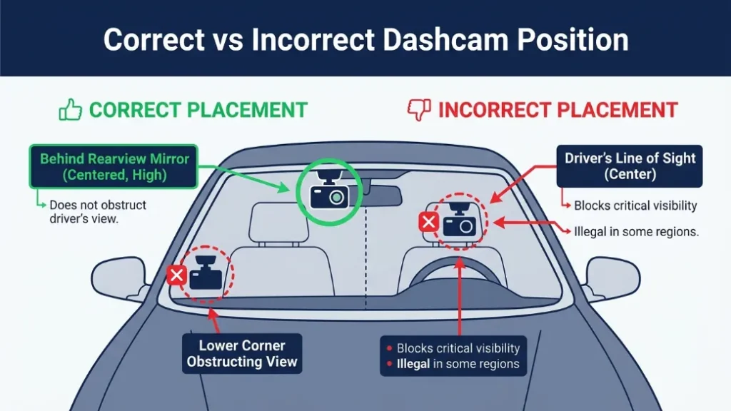 Mistake 2 — Mounting Your Dashcam in the Wrong Spot on the Windshield