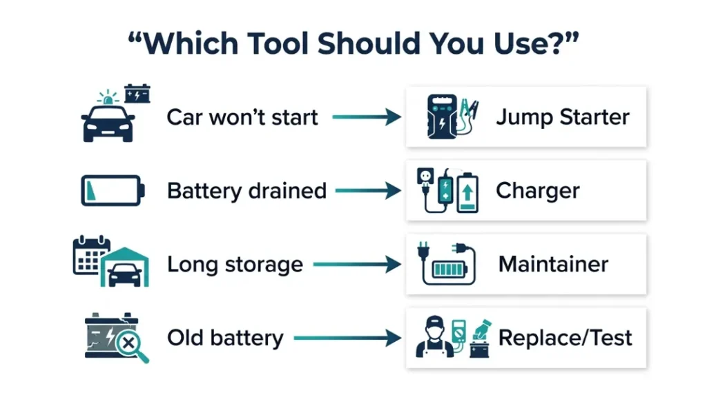 Should you use a jump starter, battery charger, or maintainer