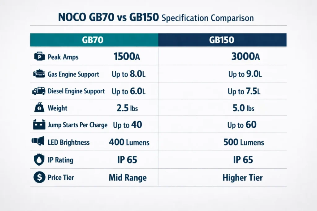 Full Spec Comparison: NOCO GB70 vs NOCO GB150