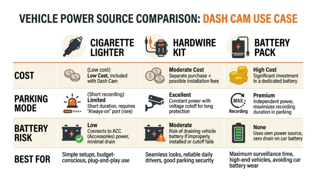 Cigarette Lighter vs. Hardwire Kit vs. Battery Pack Which Should You Use