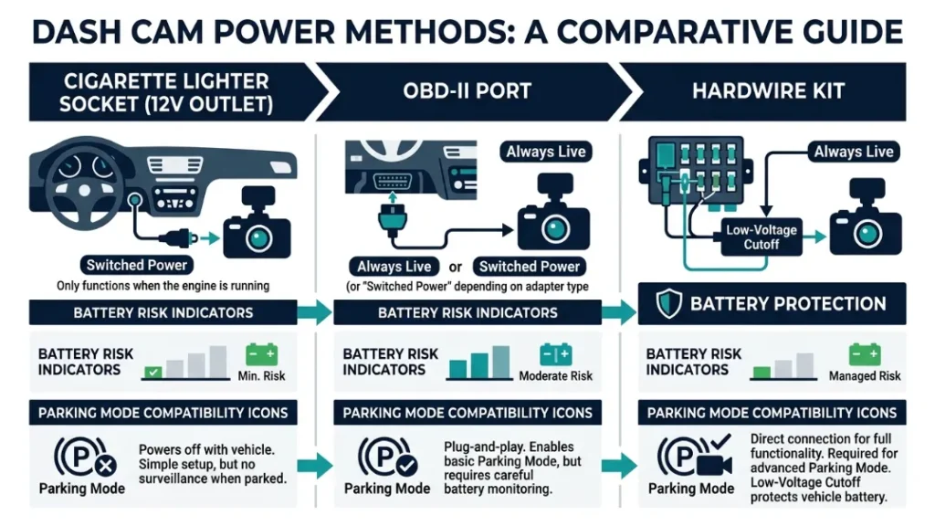 Hardwire Kit vs OBD-II Port vs Cigarette Lighter Which Is Safest for Your Battery
