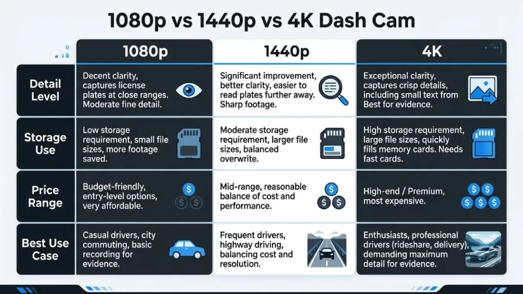 How Does 4K Compare to 1440p and 1080p Dash Cams