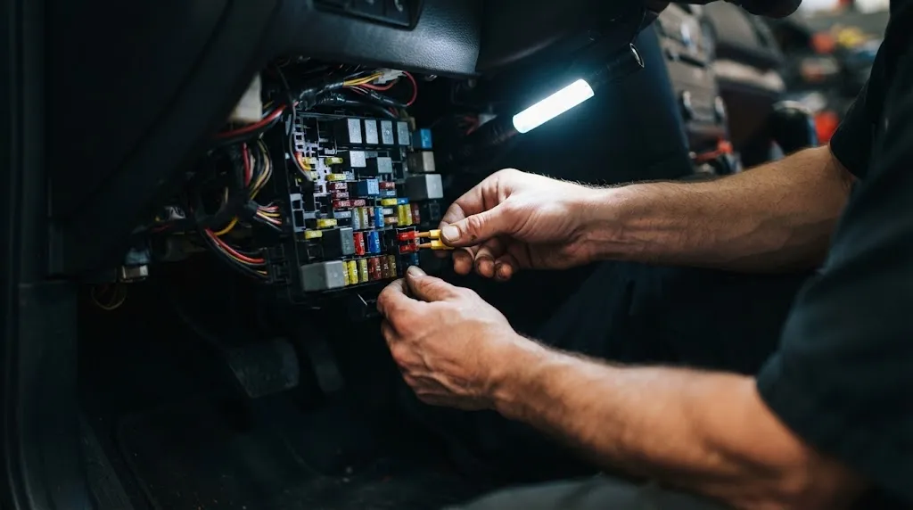 Inspecting interior car fuses to troubleshoot OBD2 power loss.