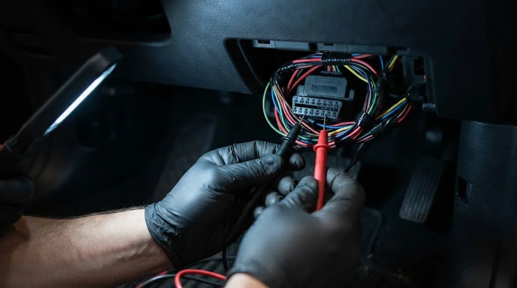 Probing CAN bus network pins on an OBD2 connector for advanced diagnostics.