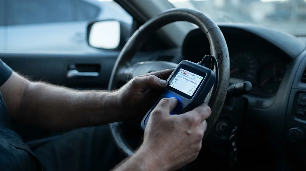 Close-up of a handheld OBD2 scanner displaying fault codes inside a car.