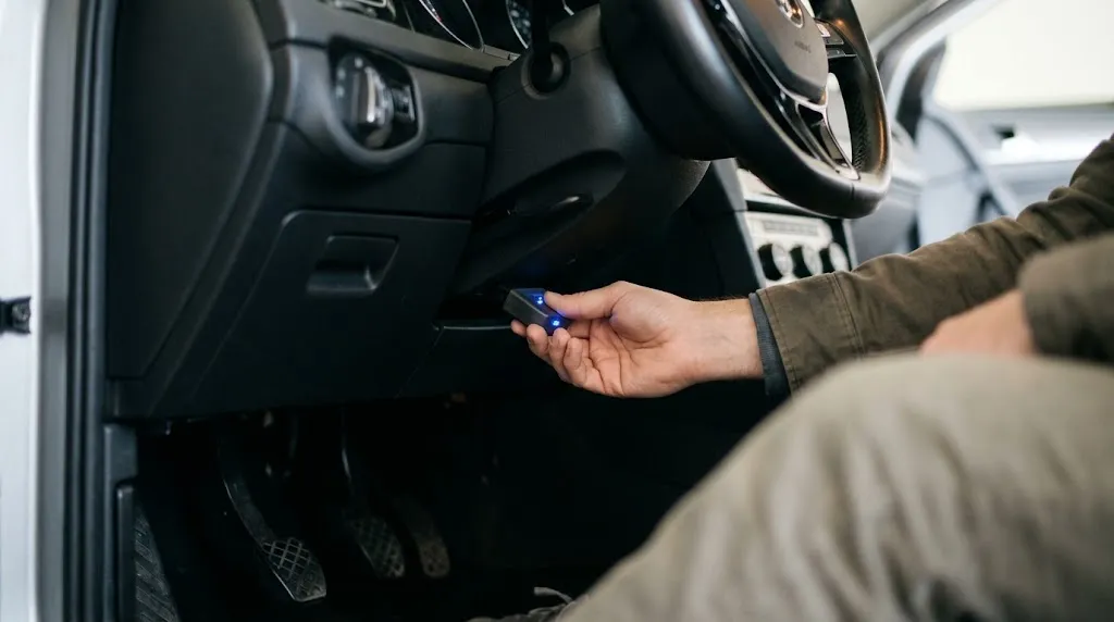 Driver unplugging a Bluetooth OBD2 scanner from the dashboard port.