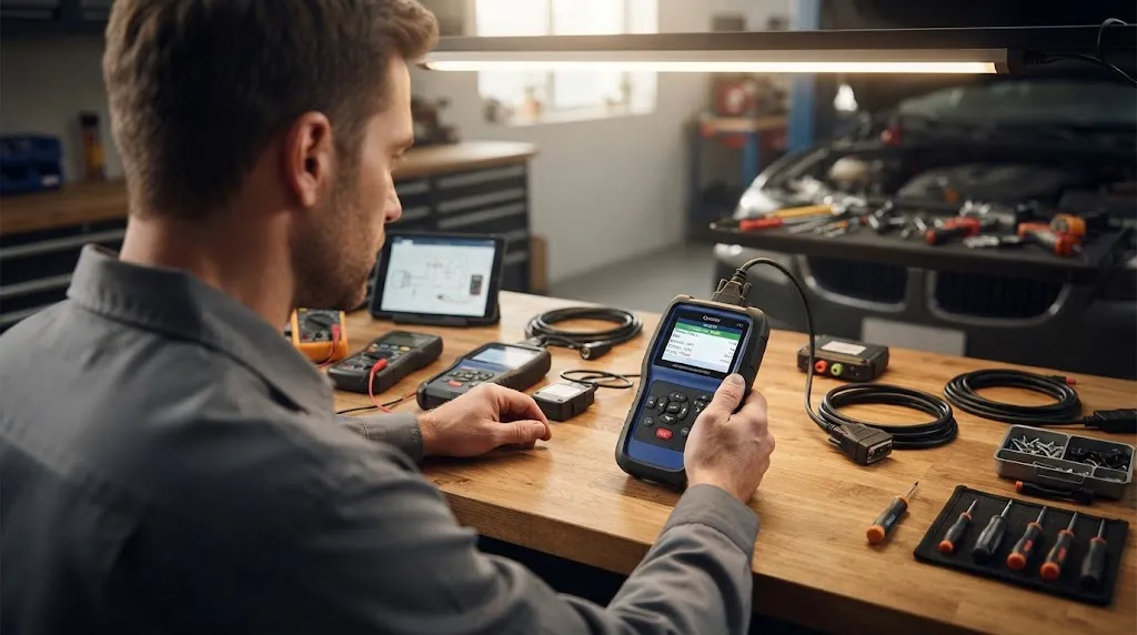 Mechanic evaluating diagnostic scan tools at a workbench for imported vehicles.