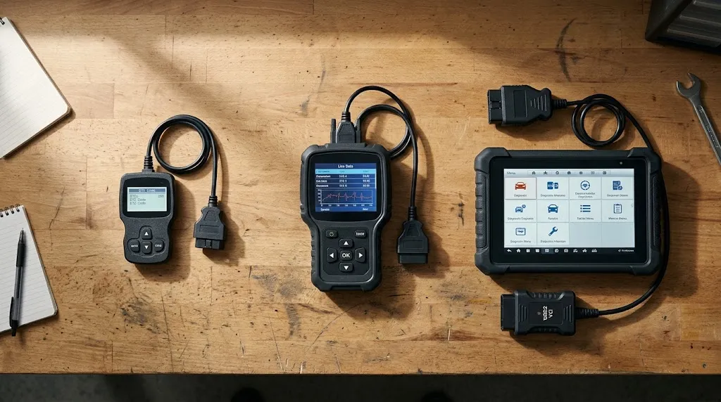 Various OBD2 diagnostic tool models displayed on a workshop table.