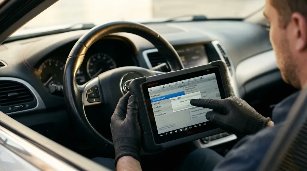 Using a diagnostic tablet to clear ABS fault codes and reset system warning lights.