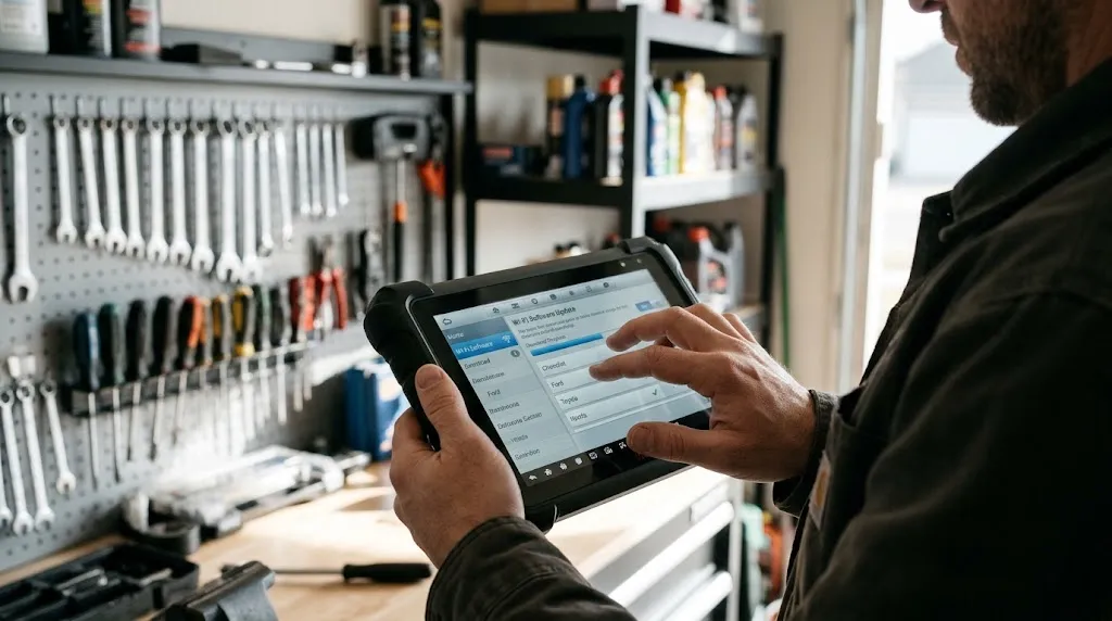 Home mechanic reviewing software update options and vehicle protocols on a diagnostic scanner.