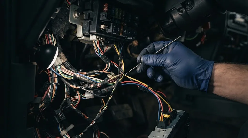 Close-up of vehicle under-dash wiring and custom harnesses affecting OBD2 diagnostics.