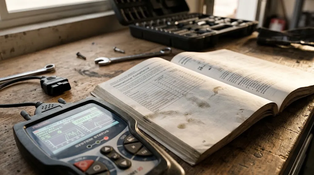 Diagnostic tool and service manual detailing regional OBD2 rollout standards.