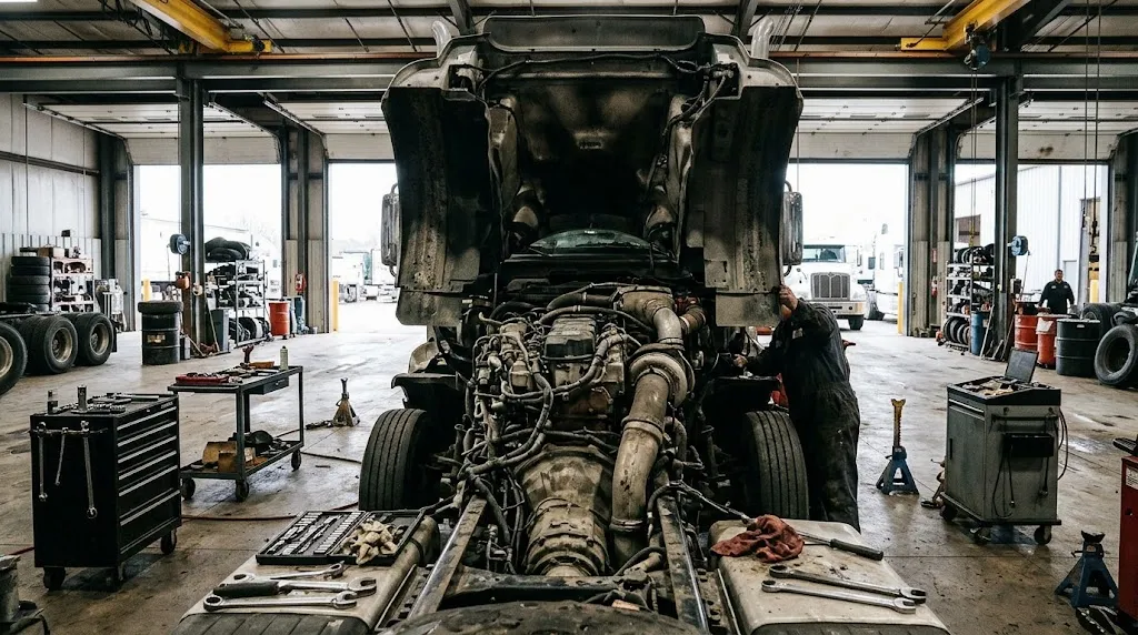 Commercial truck engine bay requiring heavy-duty diagnostic standards like J1939.