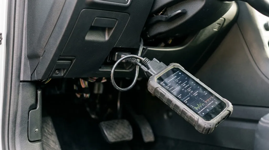 Close-up of an OBD2 scan tool connected to a car dashboard data link connector.