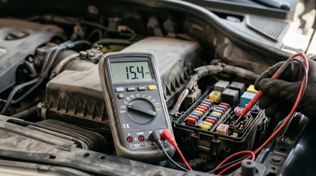 Digital multimeter displaying electrical current draw for automotive diagnostic testing.