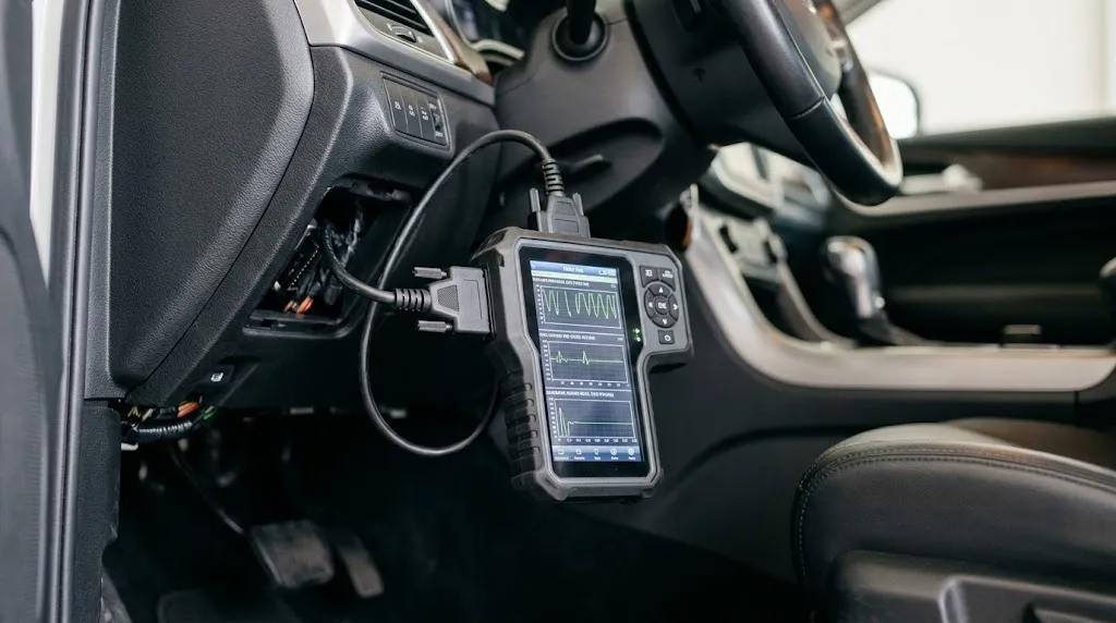 Close-up of an OBD2 scanner plugged into a car dashboard port.