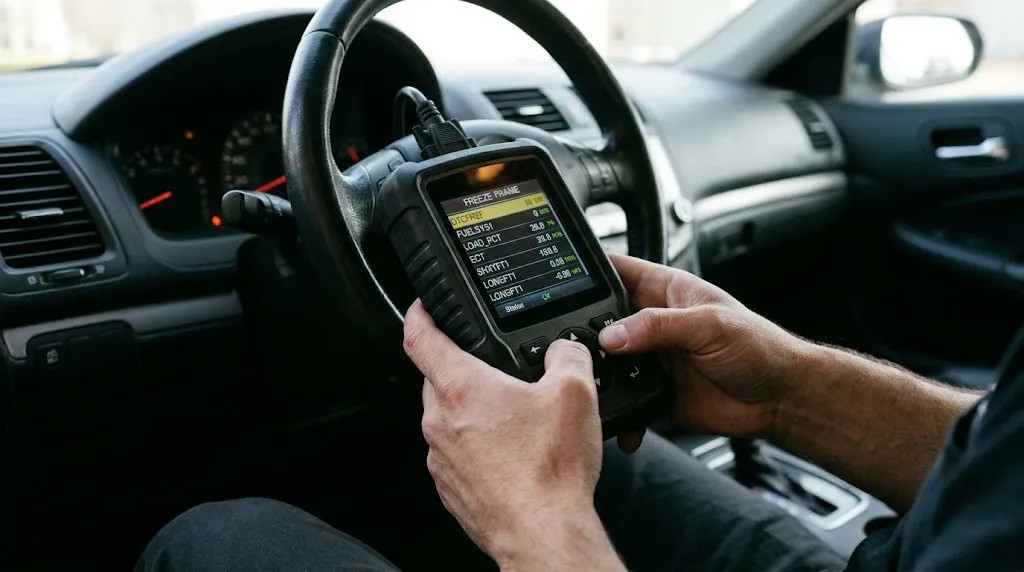 Hands holding an OBD2 scanner and navigating through freeze frame diagnostic menus.
