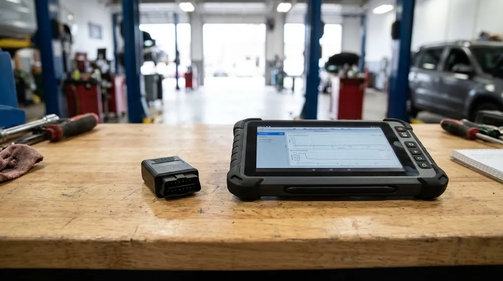 Diagnostic tool options laid out on a clean workbench.