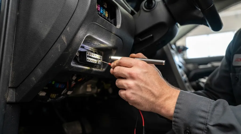 Close-up of pins inside a vehicle OBD2 diagnostic port under the dashboard.