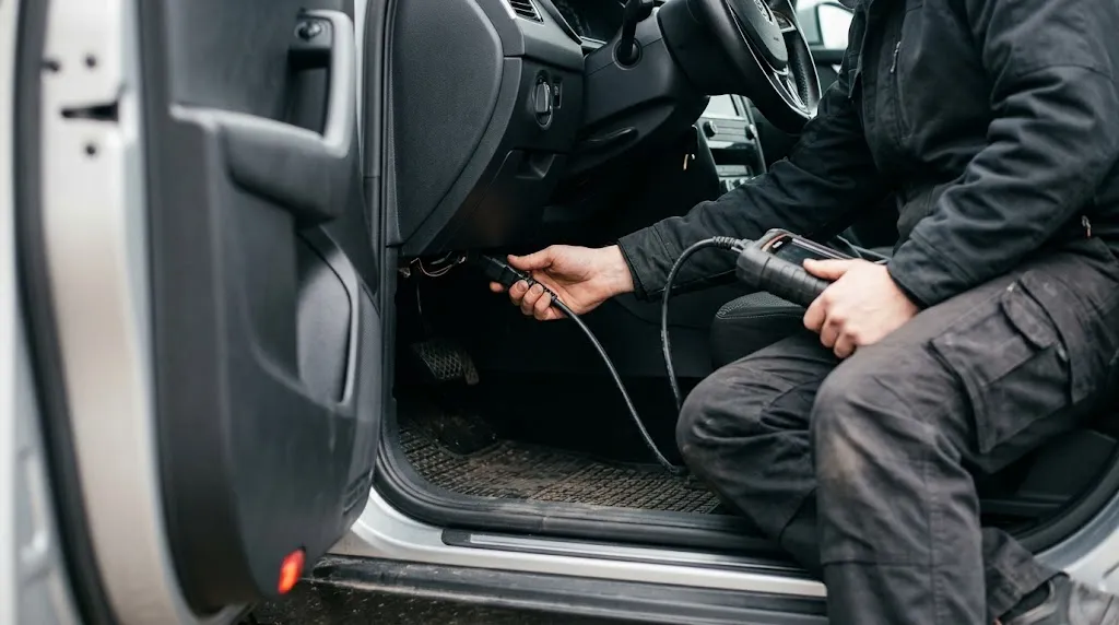 Mechanic plugging an OBD2 scanner into a car dashboard diagnostic port.