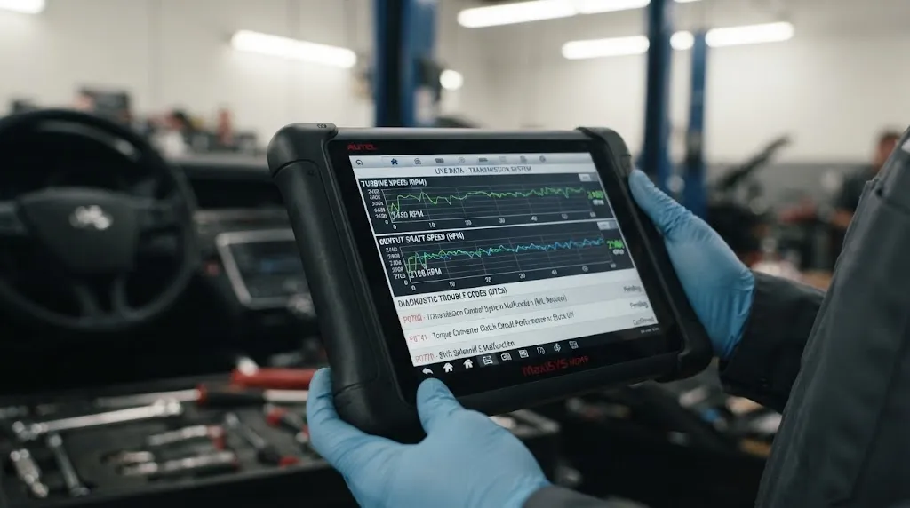 Close-up of diagnostic scan tool screen showing live transmission data and trouble codes.