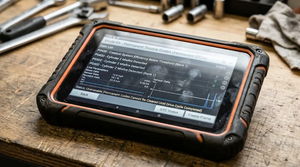 Advanced automotive diagnostic tablet showing permanent diagnostic trouble codes.