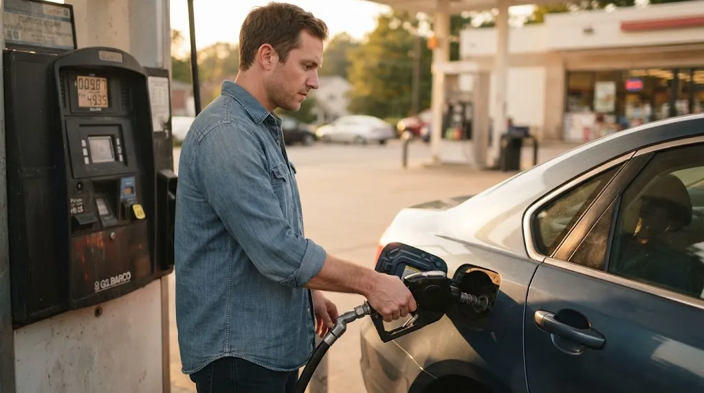 Driver filling a car gas tank at a fuel pump during golden hour for manual MPG calculation.