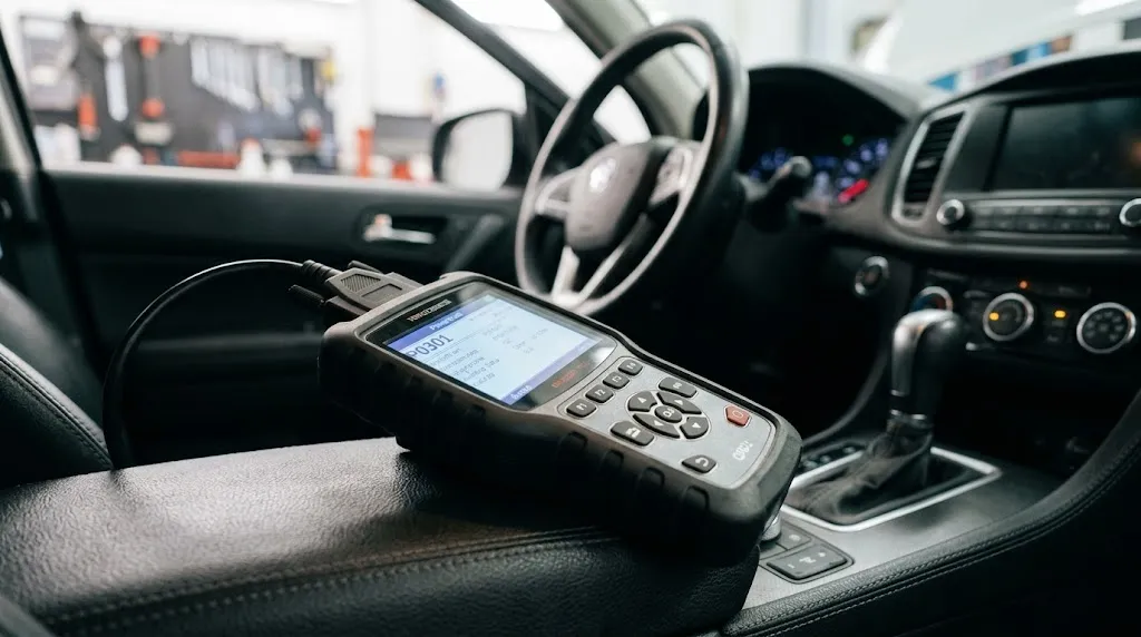 Close-up of an OBD2 scanner displaying trouble codes in a vehicle.