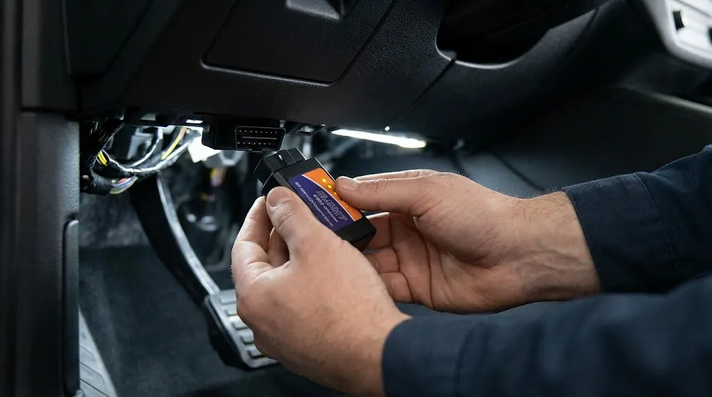 Hands plugging an ELM327 OBD2 scanner into a car diagnostic port under the steering column.