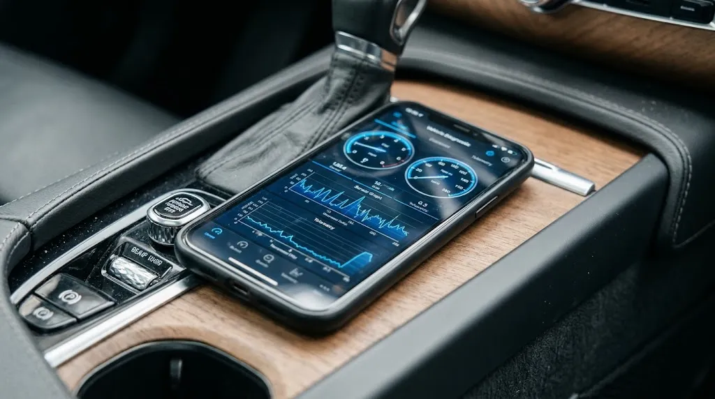 Smartphone displaying a live vehicle dashboard app connected via ELM327.