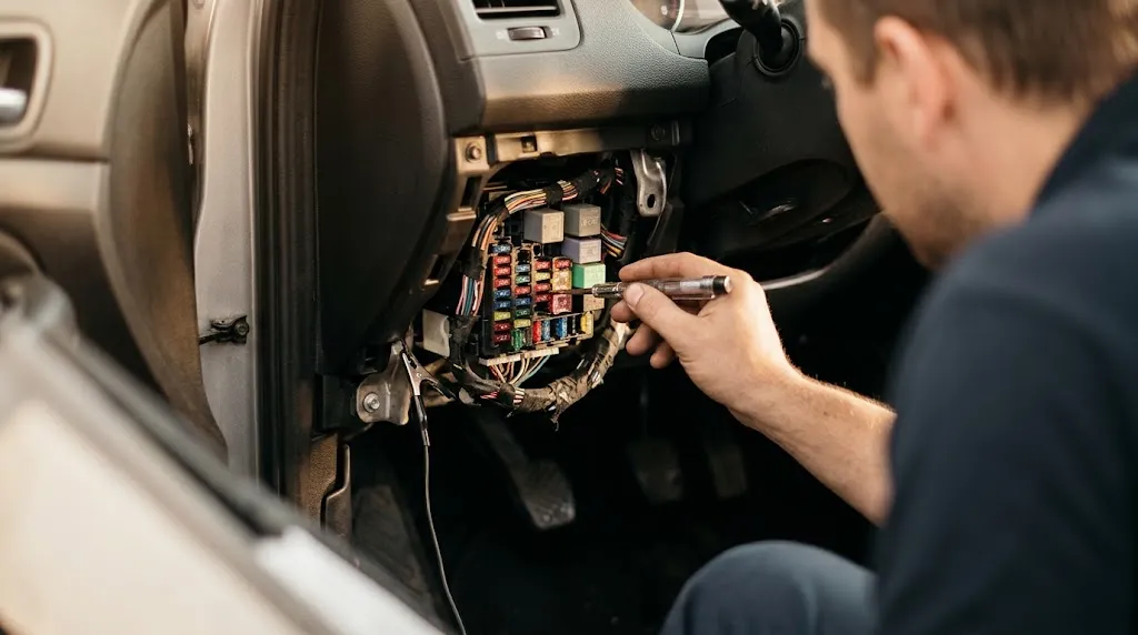 Technician inspecting vehicle fuse box to troubleshoot OBD2 power issue.