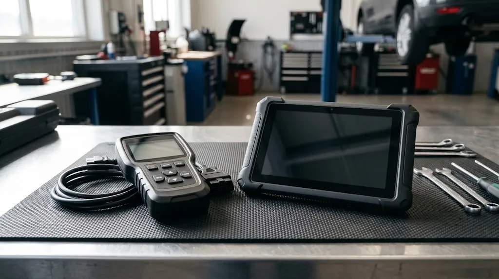 Various diagnostic scan tools laid out on a workshop bench for checking brake systems.