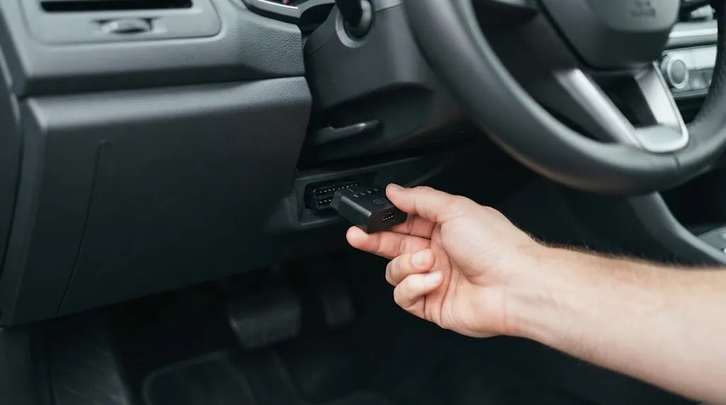 Close-up of hands plugging an OBD2 scanner into a car under-dash diagnostic port.