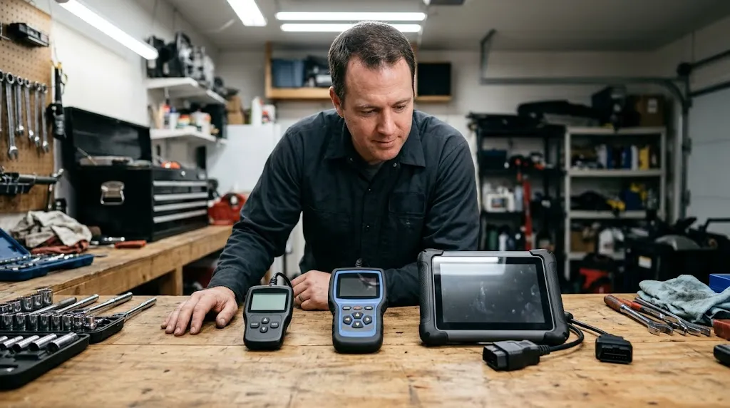 Different tiers of OBD2 diagnostic scan tools displayed on a workbench for DIY auto repair.