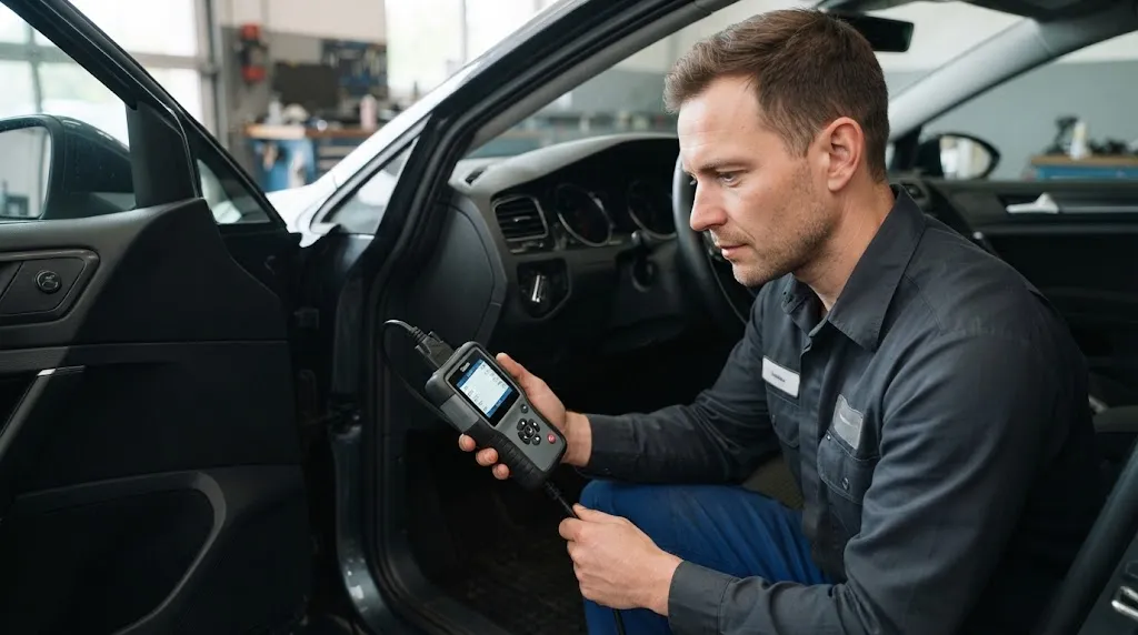 Technician inspecting car diagnostic port and scanner under vehicle dashboard