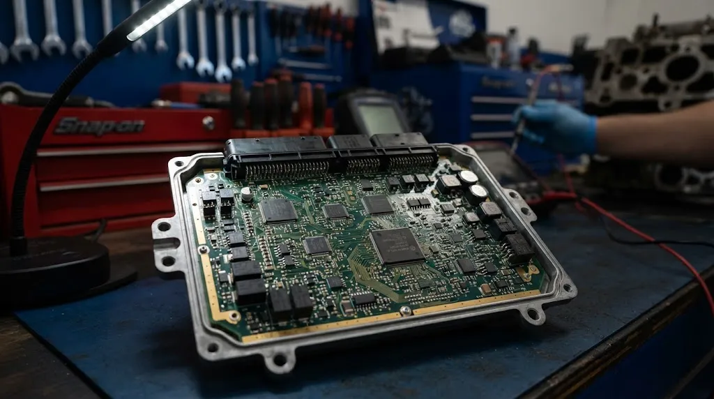 Close-up of an automotive ECU circuit board on a workshop bench.