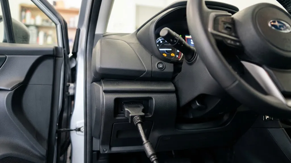 Close-up of an OBD2 diagnostic tool connected to a car dashboard port.