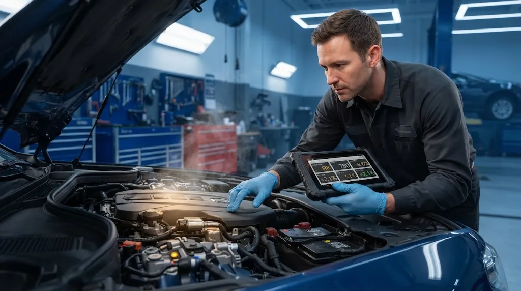 Mechanic inspecting engine bay with diagnostic tablet during a drive cycle test.