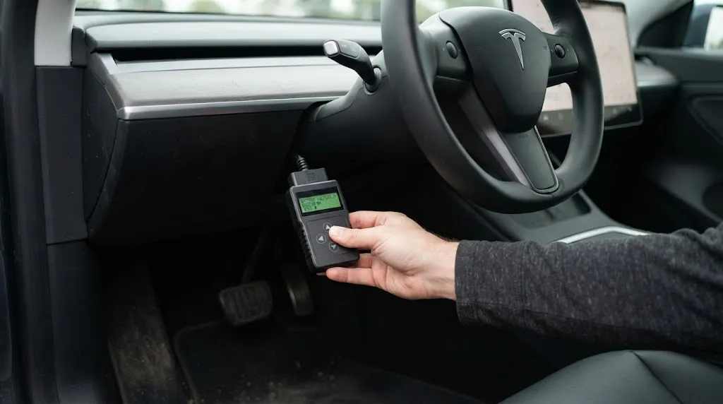 A basic OBD2 code reader plugged into an electric vehicle lower dashboard port.