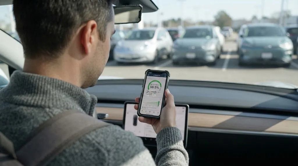 Person using a specialized smartphone app to check used EV battery health in a parking lot.