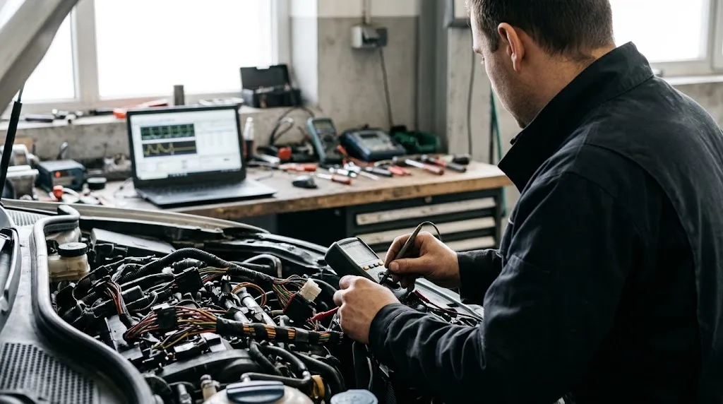 Technician performing physical inspections and live data checks in an automotive workshop.