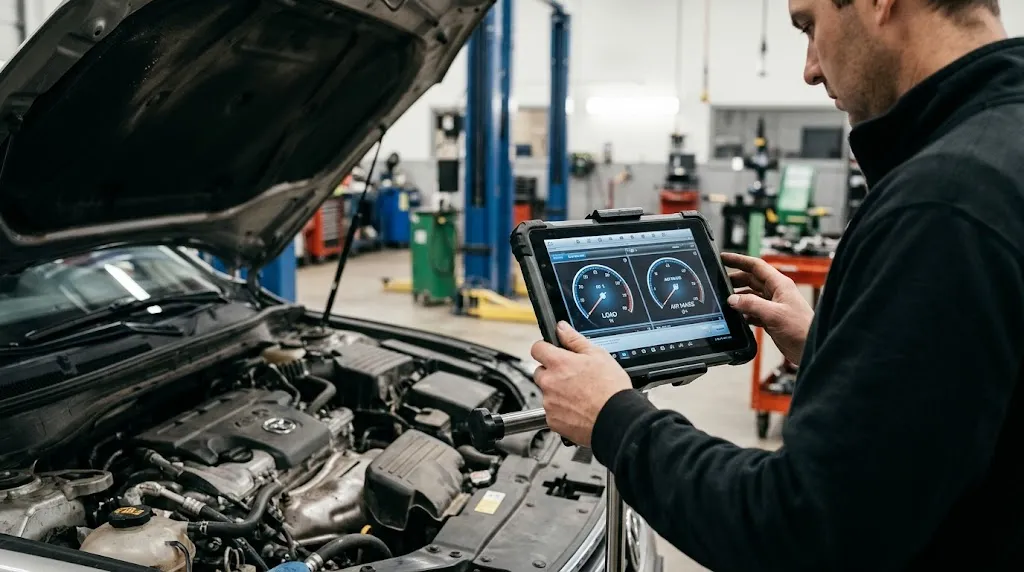 Mechanic reviewing diagnostic tablet showing calculated load versus absolute load metrics.