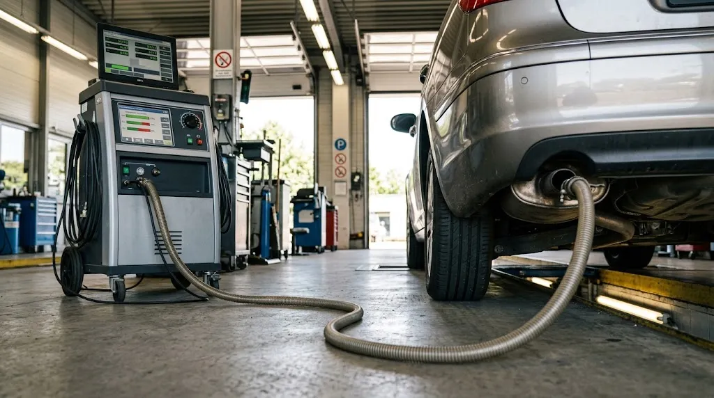 Emissions testing equipment connected to a vehicle for inspection checks.