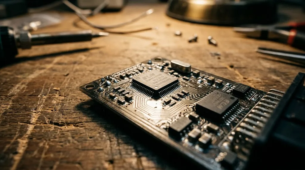 Macro view of electronic components and microchips on an ELM327 adapter circuit board.
