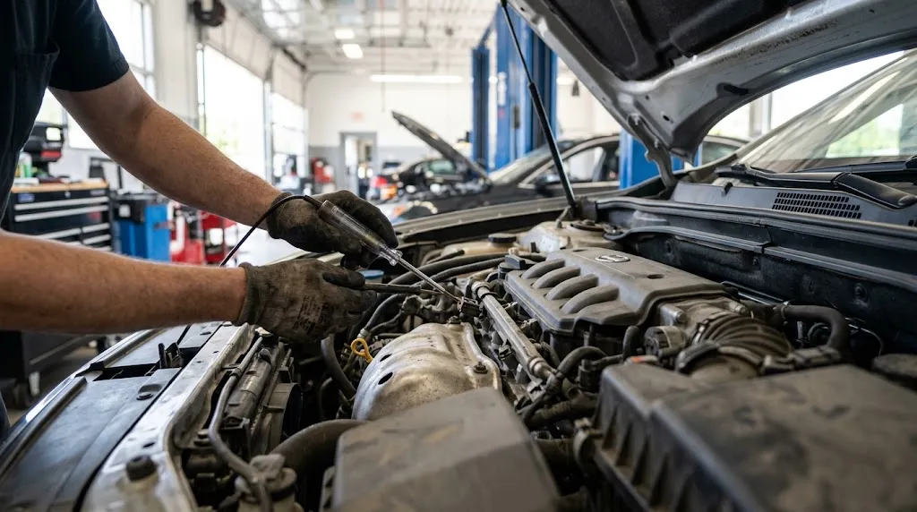Mechanic inspecting an engine bay during diagnostic troubleshooting.