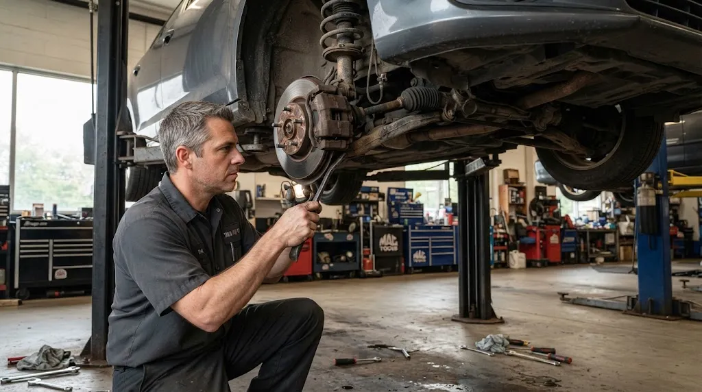 Mechanic inspecting mechanical suspension parts that electronic scanners miss.