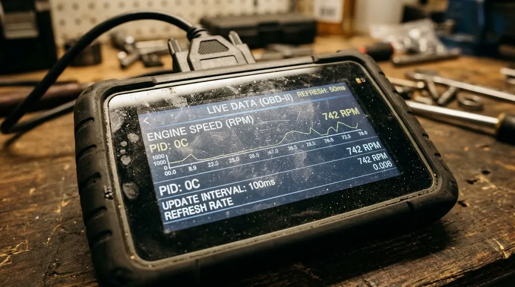 Macro photo of a digital diagnostic scan screen showing numeric data readouts.