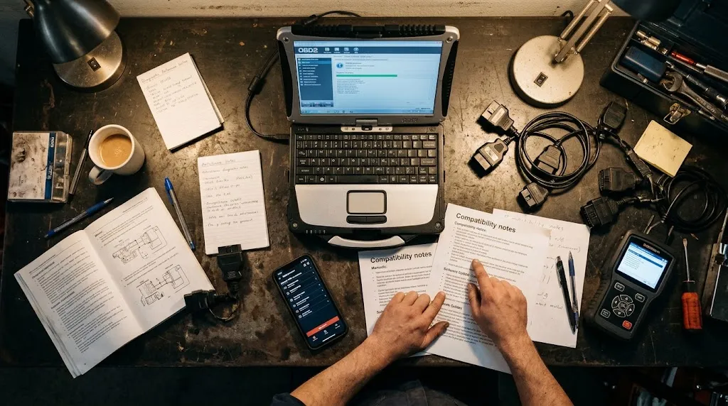 Workspace view showing diagnostic tools and notes on avoiding common OBD2 scanner buying mistakes.