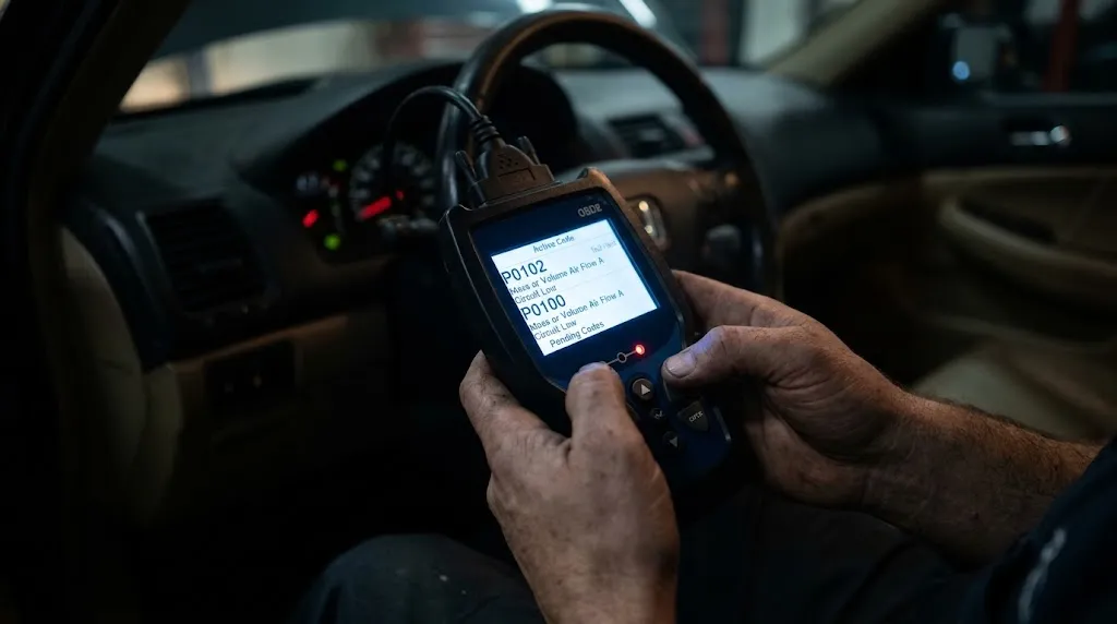 OBD2 scanner showing trouble codes for MAF sensor malfunction.