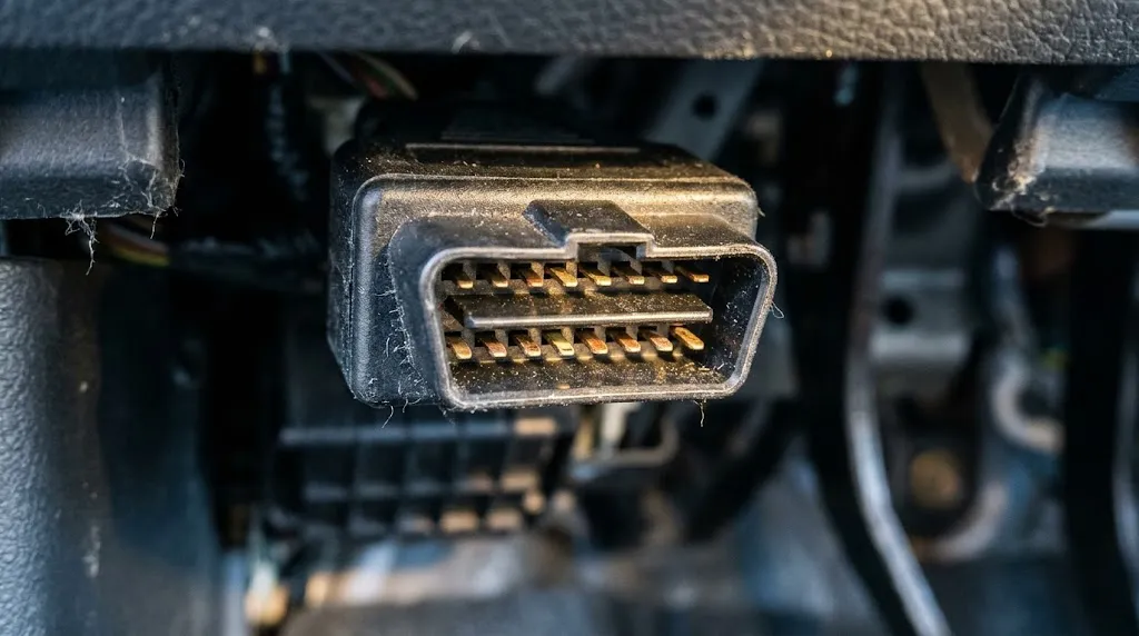 Close up view of car under-dash OBD2 diagnostic port connector pins.